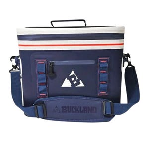 Blue and white Buckland cooler bag with a shoulder strap, featuring a zippered front pocket and stitched detailing.