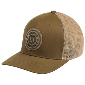 A khaki trucker-style cap with a mesh back, featuring a round patch on the front displaying the Browning logo and the words \“The Best There Is.\“