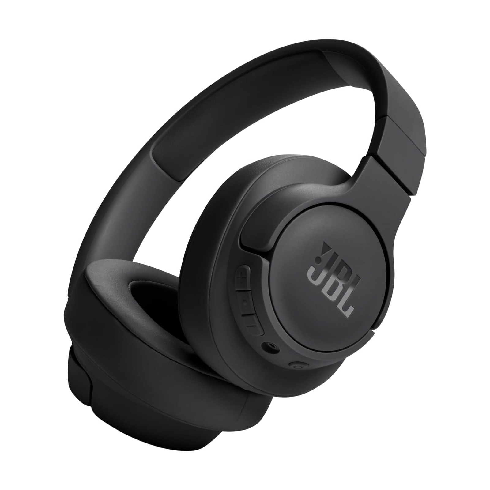 JBL Tune wireless headphones feature a black over-ear design with cushioned ear cups and an adjustable headband. They include control buttons on the ear cup and a logo prominently displayed on the side.