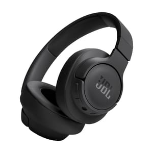 JBL Tune wireless headphones feature a black over-ear design with cushioned ear cups and an adjustable headband. They include control buttons on the ear cup and a logo prominently displayed on the side.