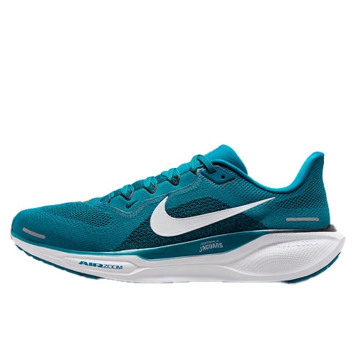 Teal Nike Pegasus 41 NFL shoes feature a mesh upper, white Nike swoosh, and a cushioned white midsole with Air Zoom technology. Branding includes \“Jaguars\“ on the heel area.