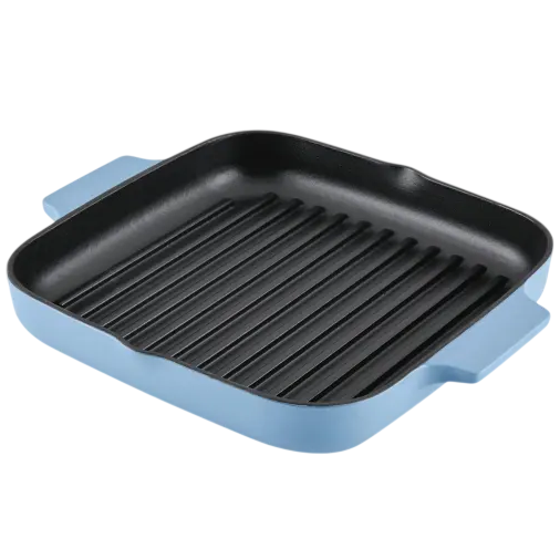Square blue cast iron grill pan with black ridged interior and two side handles.