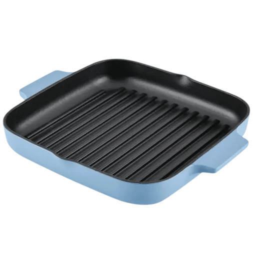 Square blue cast iron grill pan with black ridged interior and two side handles.