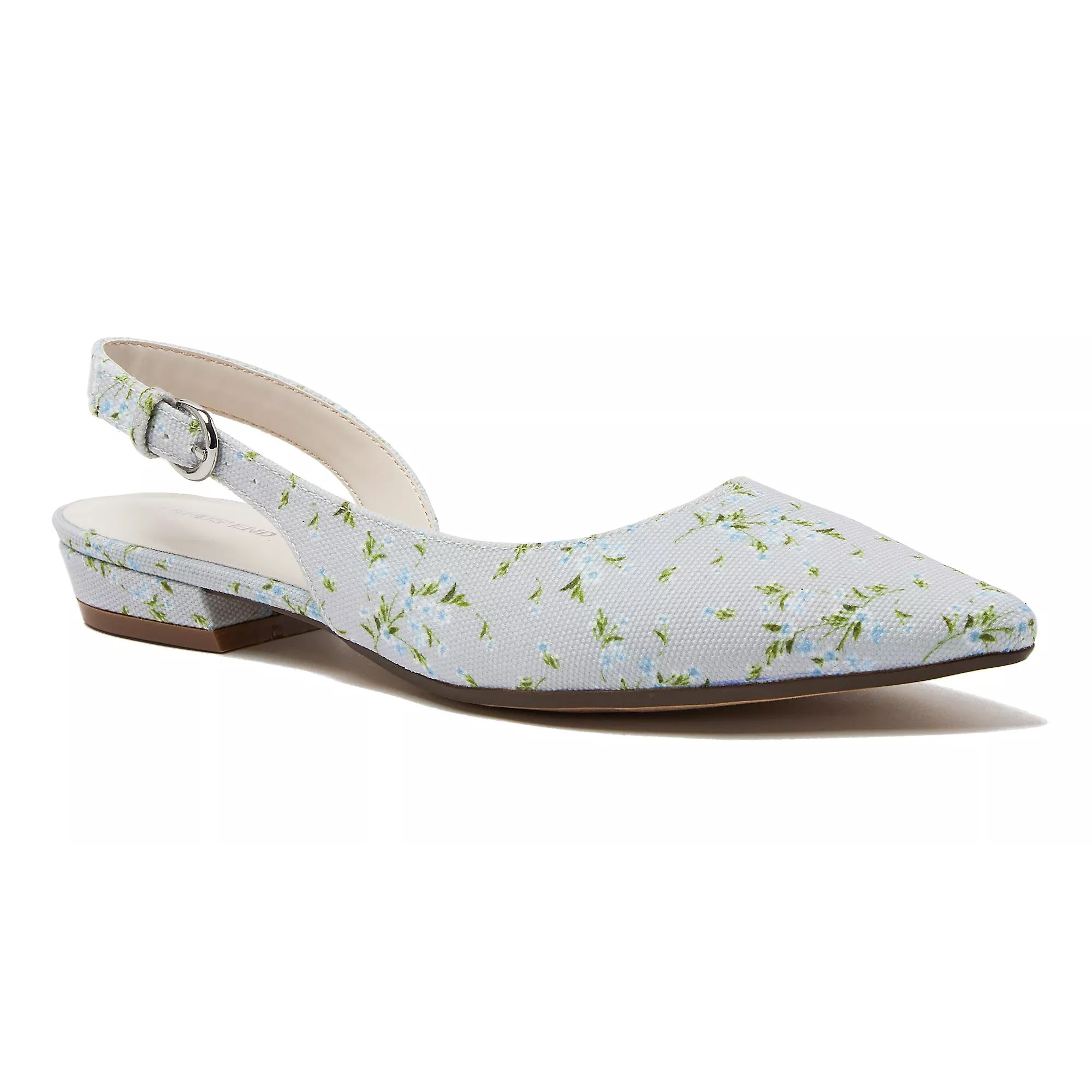A floral-patterned slingback shoe with a pointed toe and low block heel, featuring an adjustable ankle strap.