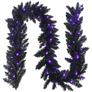 A black artificial garland with purple LED lights for decoration or holiday display.