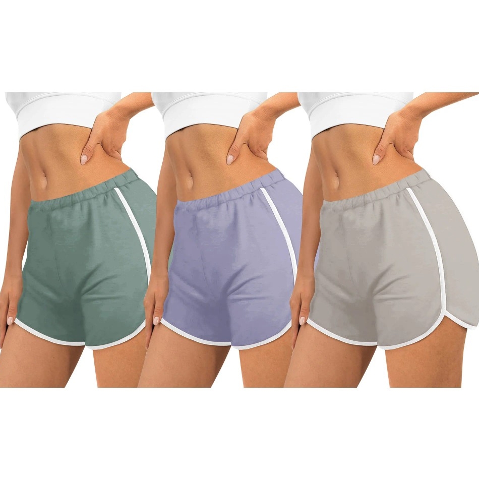 Three pairs of women's retro shorts are shown in green, purple, and gray, each with white trim and an elastic waistband.