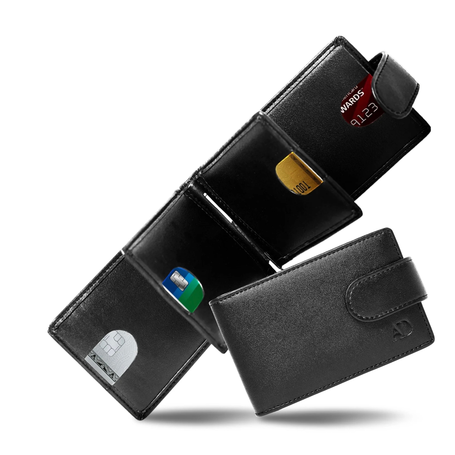 Two open black leather wallets with visible credit cards and an embossed logo.