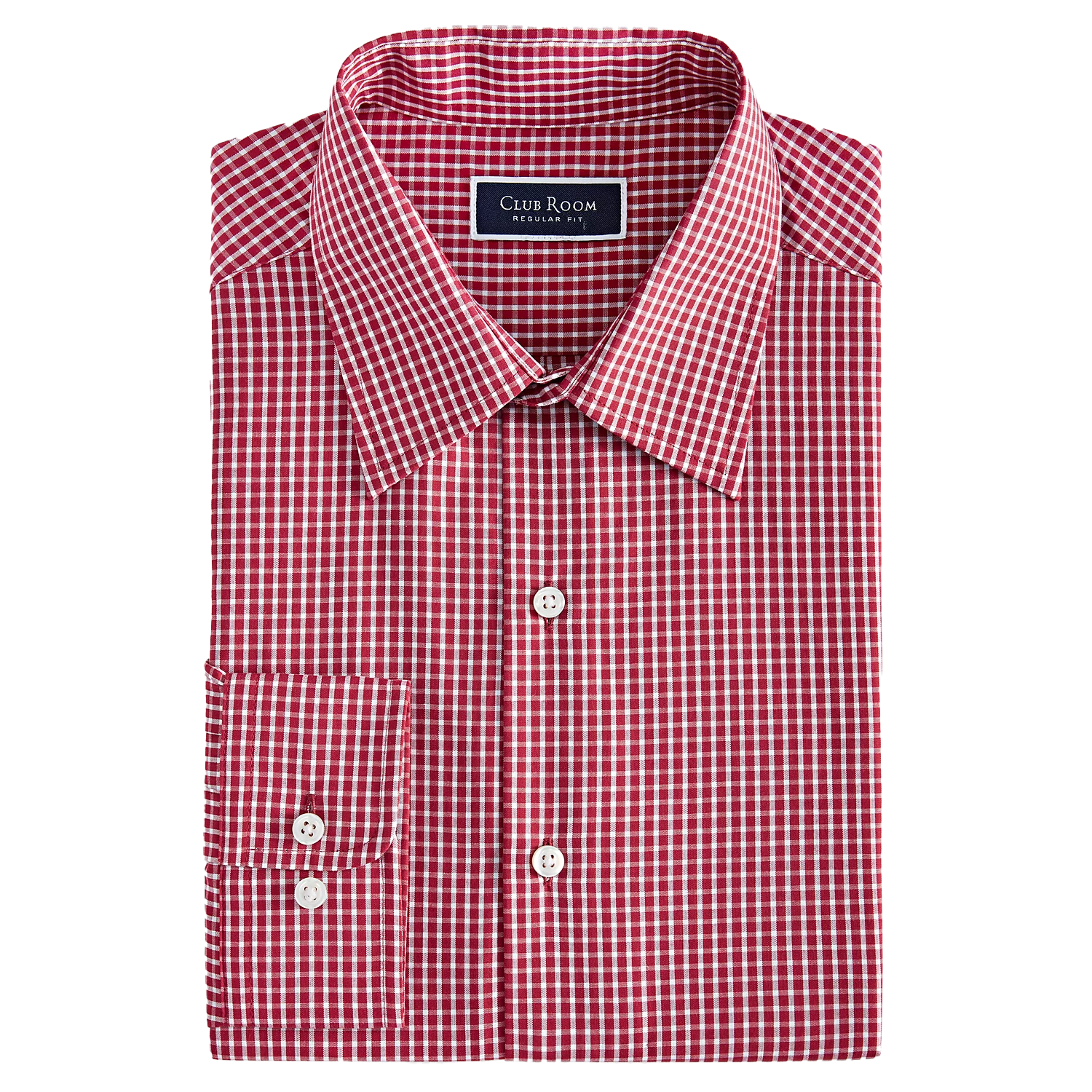 A folded red and white checkered button-up shirt with a collar, featuring a Club Room label and displaying long sleeves with buttoned cuffs.