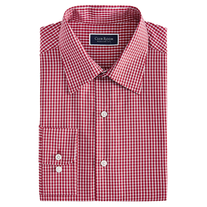 A folded red and white checkered button-up shirt with a collar, featuring a Club Room label and displaying long sleeves with buttoned cuffs.