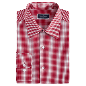 A folded red and white checkered button-up shirt with a collar, featuring a Club Room label and displaying long sleeves with buttoned cuffs.