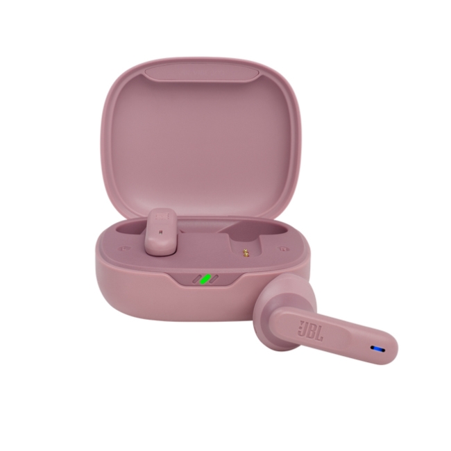 Pink JBL wireless earbuds with a matching charging case, one earbud positioned outside the case.