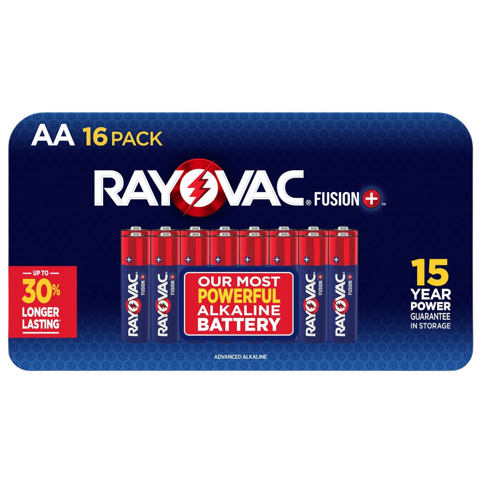 RAYOVAC Fusion+ AA batteries, 16-pack, feature up to 30% longer-lasting power with a 15-year guarantee in storage.