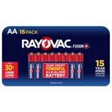 RAYOVAC Fusion+ AA batteries, 16-pack, feature up to 30% longer-lasting power with a 15-year guarantee in storage.