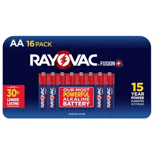 RAYOVAC Fusion+ AA batteries, 16-pack, feature up to 30% longer-lasting power with a 15-year guarantee in storage.
