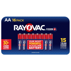 RAYOVAC Fusion+ AA batteries, 16-pack, feature up to 30% longer-lasting power with a 15-year guarantee in storage.