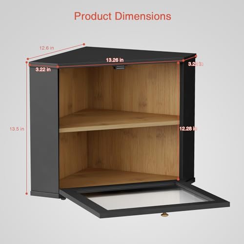 Corner wall cabinet with two shelves, featuring dimensions: 13.5\“ height, 13.26\“ width, and 12.28\“ depth.
