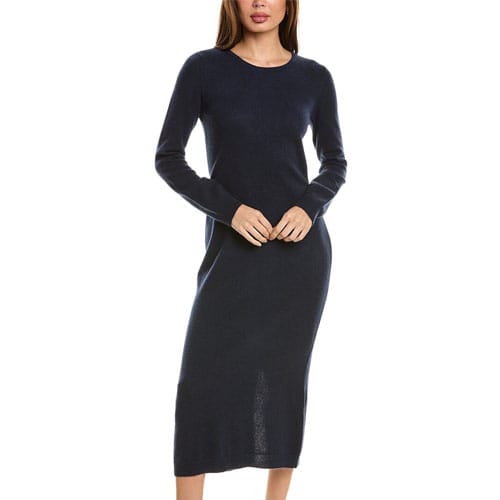 A navy blue, long-sleeve, midi-length cashmere dress with a fitted silhouette and round neckline, ideal for a classic and elegant look.