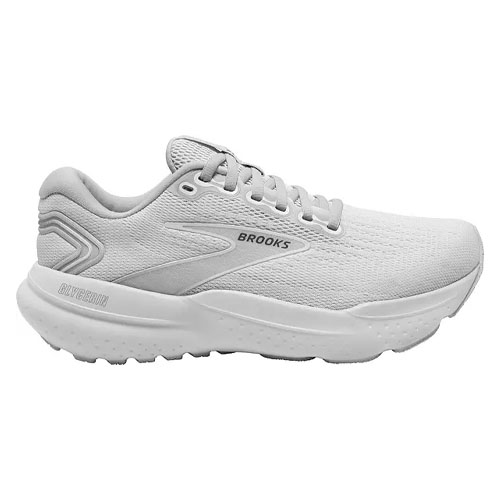 Brooks Men's Glycerin 21 Shoes are white athletic sneakers featuring a breathable mesh upper, cushioned midsole for comfort, and a durable rubber outsole for traction.