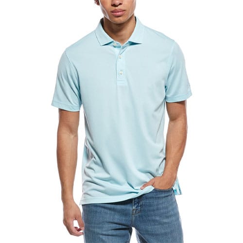 A man wearing a light blue polo shirt paired with blue jeans.
