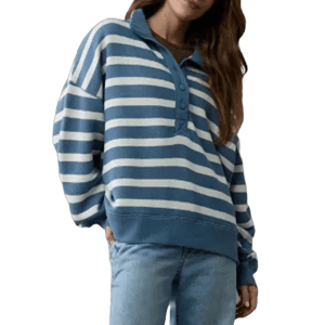 The AE Big Hug Henley Sweatshirt features blue and white horizontal stripes, a collared neckline with buttons, and a relaxed fit with long sleeves. It's paired with light blue jeans for a casual look.