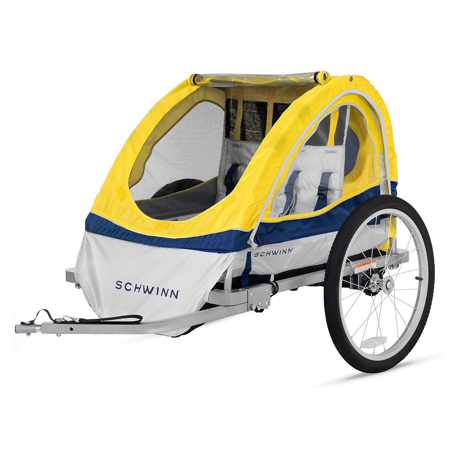 Schwinn Kids' 2-Seat Bike Trailer features a yellow and blue canopy with mesh windows, seats for two children, and a sleek, foldable frame with two large wheels for easy attachment to a bicycle.