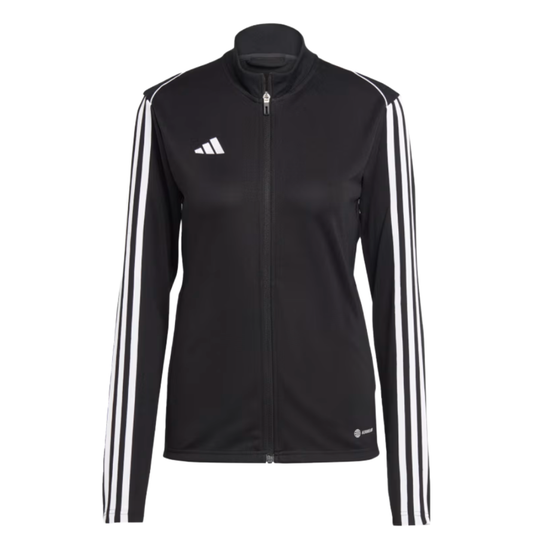 Black Adidas track jacket with white stripes on the sleeves and a small Adidas logo on the chest.