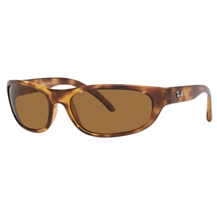 Tortoiseshell sunglasses with brown oval lenses and a subtle brand logo on the temple.