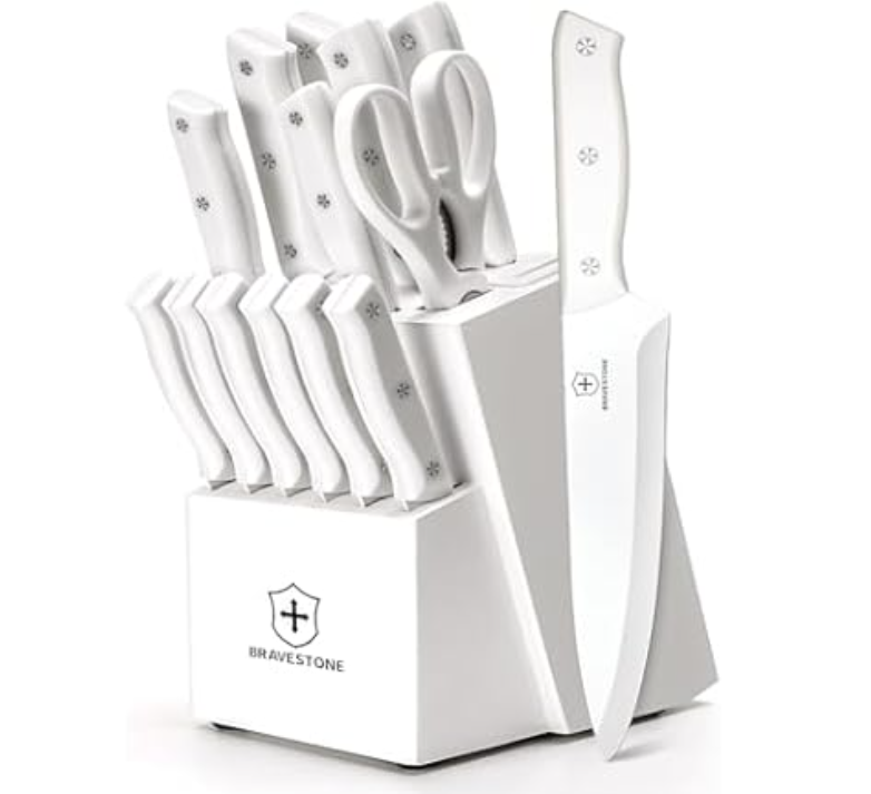 The Bravestone Knife Set includes a white block with multiple knives, featuring smooth white handles and floral-like impressions. It also includes kitchen scissors, all organized neatly in the block with a sleek, minimalist design.