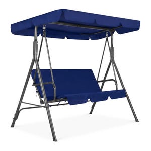 Blue outdoor porch swing with a canopy, featuring a metal frame and seating for three people.