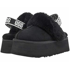Black UGG Funkette Slippers with a fluffy upper, thick platform sole, and branded elastic strap at the back. They combine plush comfort with a bold, elevated design.