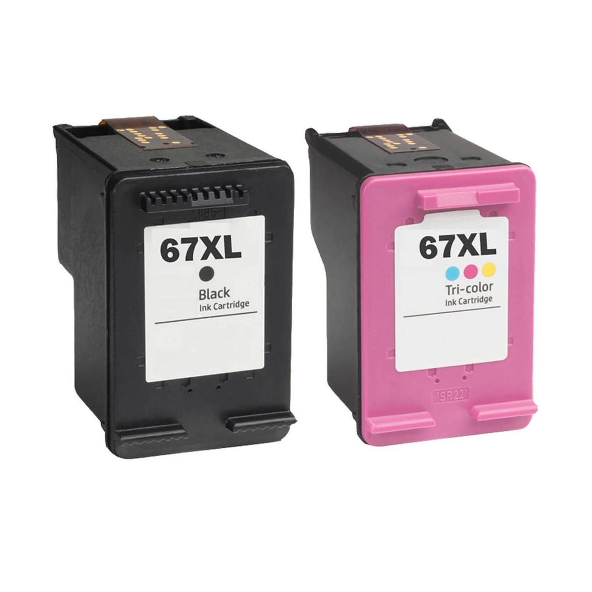 HP 67 XL Ink Cartridges include a black ink cartridge and a tri-color cartridge. They are designed for extended print capacity, suitable for home or office use.