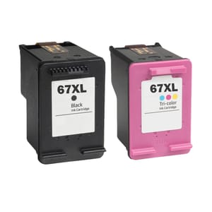 HP 67 XL Ink Cartridges include a black ink cartridge and a tri-color cartridge. They are designed for extended print capacity, suitable for home or office use.