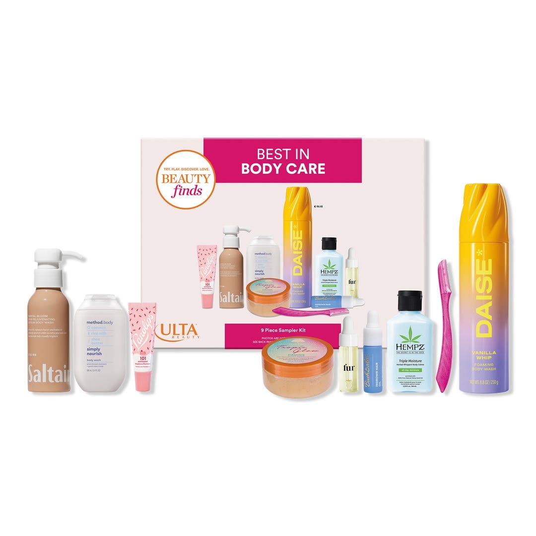 \“Best in Body Care\“ sampler kit includes nine items: Saltair body wash, Method Body wash, Hempz lotion, a DAISY foam body wash, exfoliating scrub, a pink razor, and Fur oil.