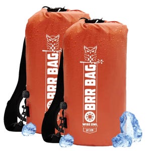 Two orange Wise Owl backpack coolers with the label \“BRR BAG\“ and \“30L\“, featuring waterproof material, adjustable straps, and an owl logo. Ice cubes are shown in front, suggesting a cooling function.