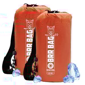 Two orange Wise Owl backpack coolers with the label \“BRR BAG\“ and \“30L\“, featuring waterproof material, adjustable straps, and an owl logo. Ice cubes are shown in front, suggesting a cooling function.