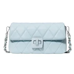 Light blue quilted handbag with a silver chain strap and a square turn-lock closure.