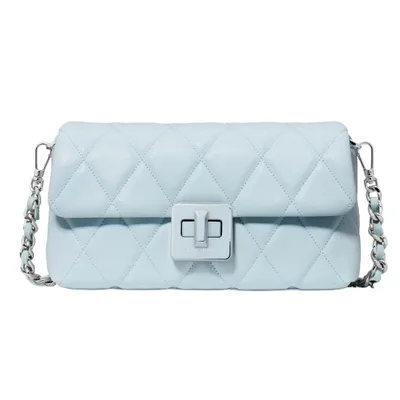 Light blue quilted handbag with a silver chain strap and a square turn-lock closure.