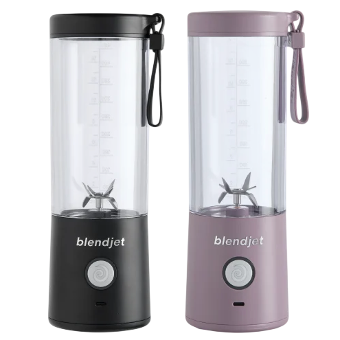 Two portable blenders, one black and one lavender, featuring a cylindrical design, a blending blade inside, and a carrying strap.