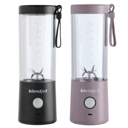 Two portable blenders, one black and one lavender, featuring a cylindrical design, a blending blade inside, and a carrying strap.