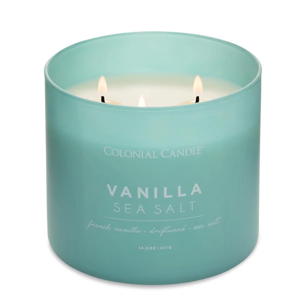 Colonial Candle Vanilla Sea Salt scented candle with three wicks, featuring notes of French vanilla, driftwood, and sea salt. Size: 14.5 oz / 411g.