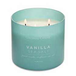 Colonial Candle Vanilla Sea Salt scented candle with three wicks, featuring notes of French vanilla, driftwood, and sea salt. Size: 14.5 oz / 411g.