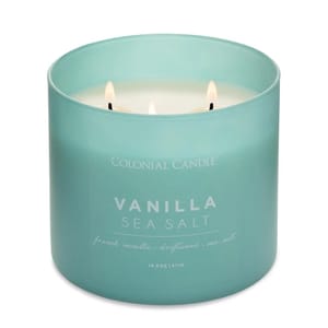 Colonial Candle Vanilla Sea Salt scented candle with three wicks, featuring notes of French vanilla, driftwood, and sea salt. Size: 14.5 oz / 411g.