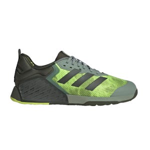 Adidas Dropset Training Shoes are designed with a dual-density sole for stability during workouts. They feature a lime green and black color scheme, lightweight mesh upper for breathability, and reinforced heel support for enhanced performance.