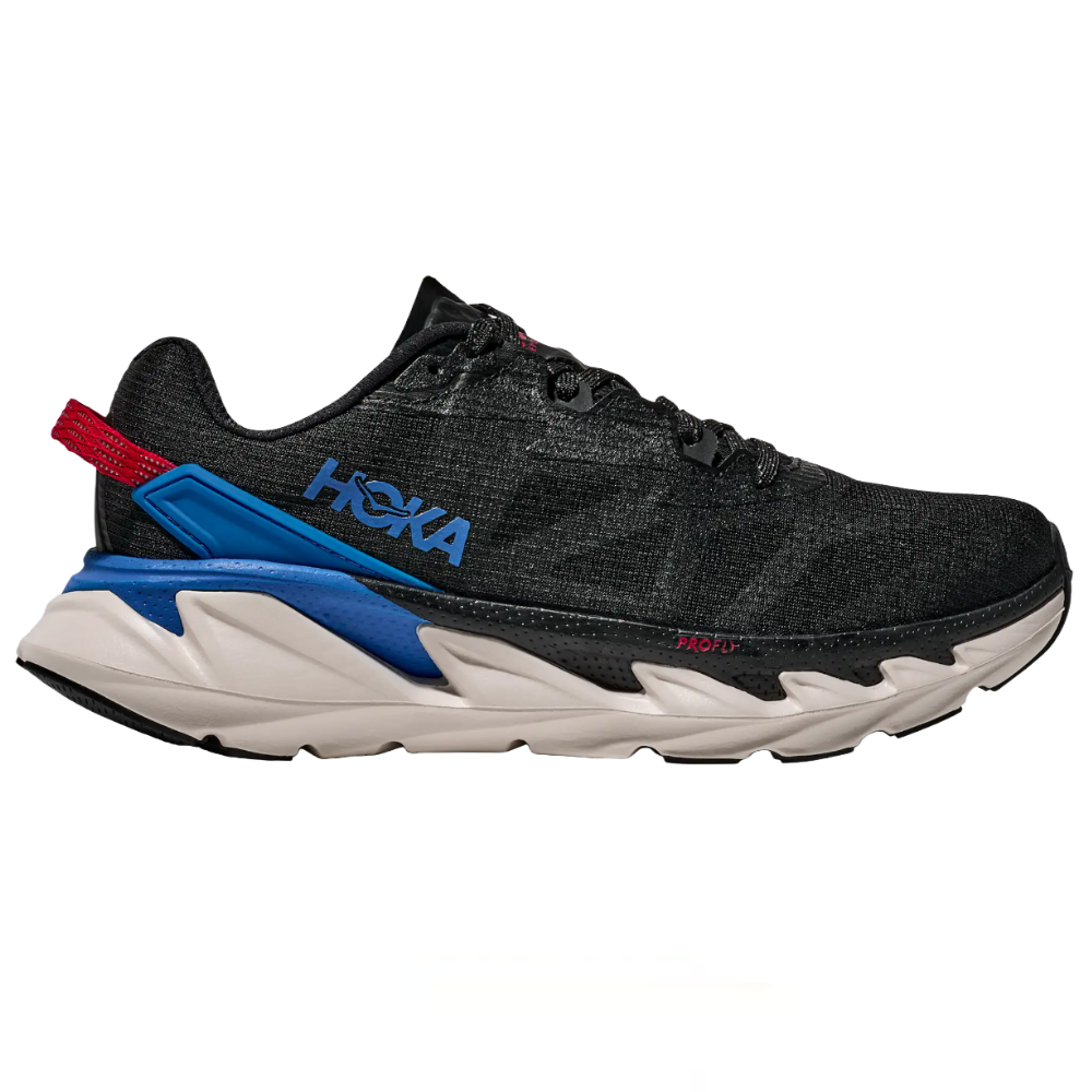 Hoka running shoe with a black upper, blue and red accents, and a cushioned sole designed for comfort and performance.