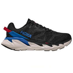 Hoka running shoe with a black upper, blue and red accents, and a cushioned sole designed for comfort and performance.