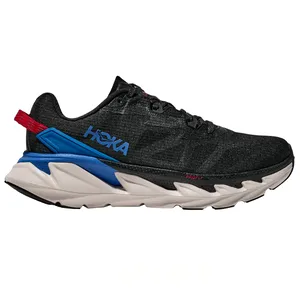 Hoka running shoe with a black upper, blue and red accents, and a cushioned sole designed for comfort and performance.