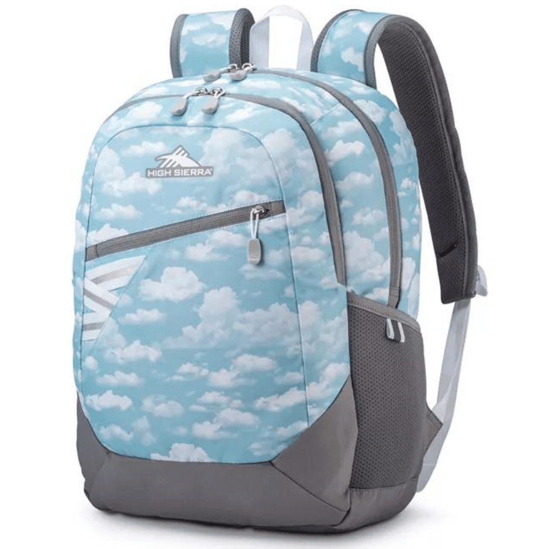 Blue and grey backpack with cloud pattern and a brand logo on the top front.