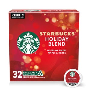 Starbucks Holiday Blend K-Cups offer 32 recyclable pods with flavors of sweet maple and herbs, compatible with Keurig brewers.