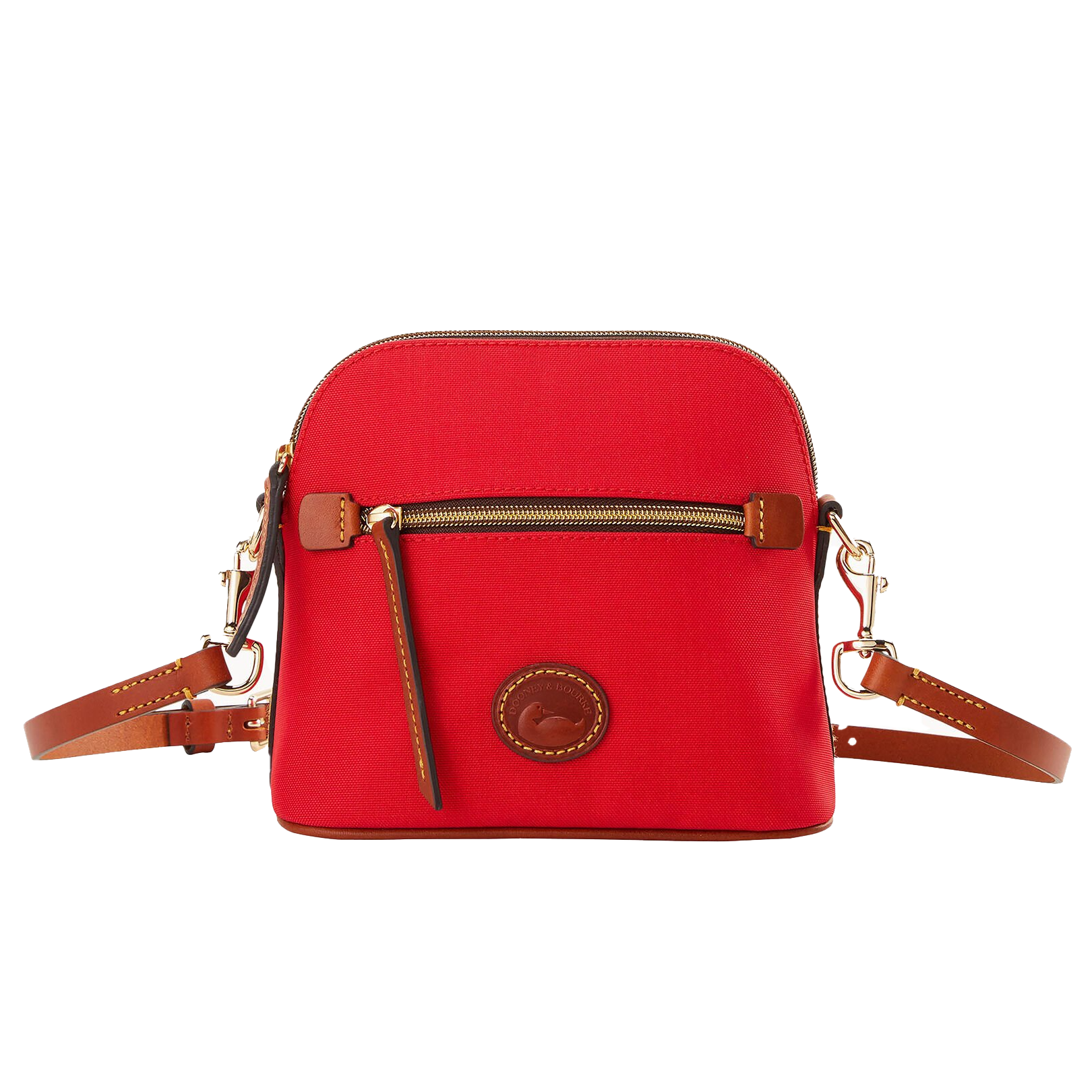 A small red crossbody bag with brown leather accents, a front zippered pocket, and an adjustable strap. It features a circular leather logo patch.