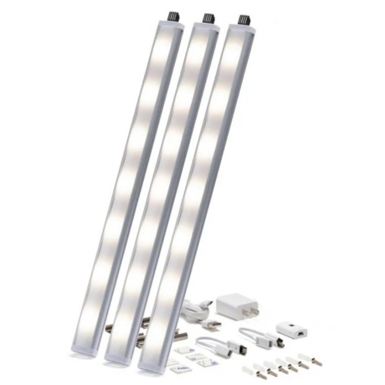 Three LED light bars with installation accessories, including cables, adapters, and mounting hardware.